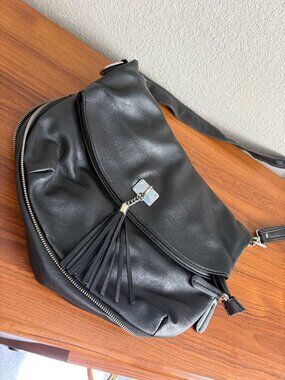 Blsck-faux leather fold-over handbag - New -